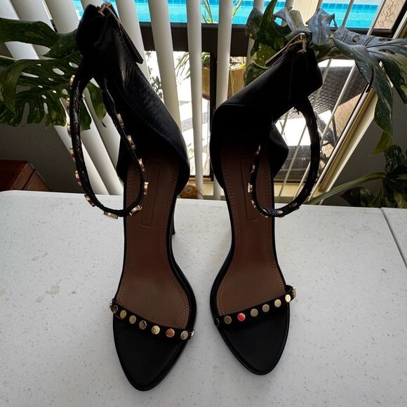 BCBG Max Azria ankle wrap stilettos, open toe Black Studded Heels EUC SZ 8.5 - Picture 2 of 8